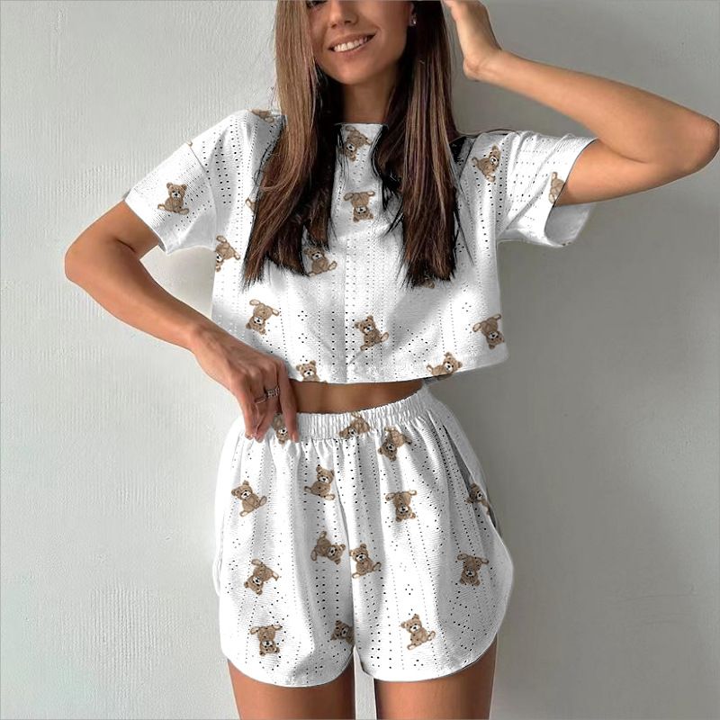 2025 Spring Summer New Sports Casual For Women Printed Hollow Out Split Crop Top Short Two-Piece Set_voghion.com