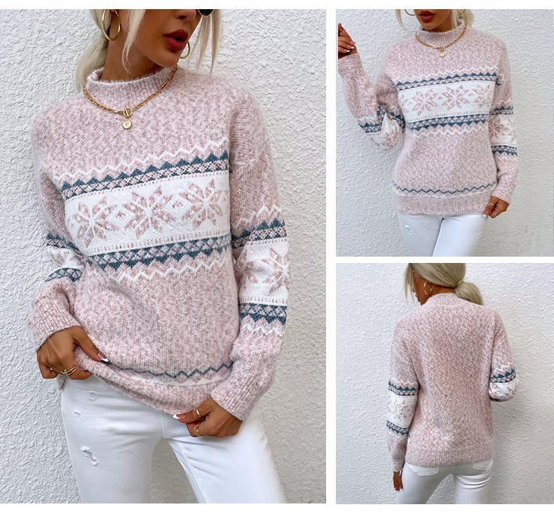 Pull de noël automne et hiver, demi-col roulé, pull flocon de neige pour femmes_voghion.com
