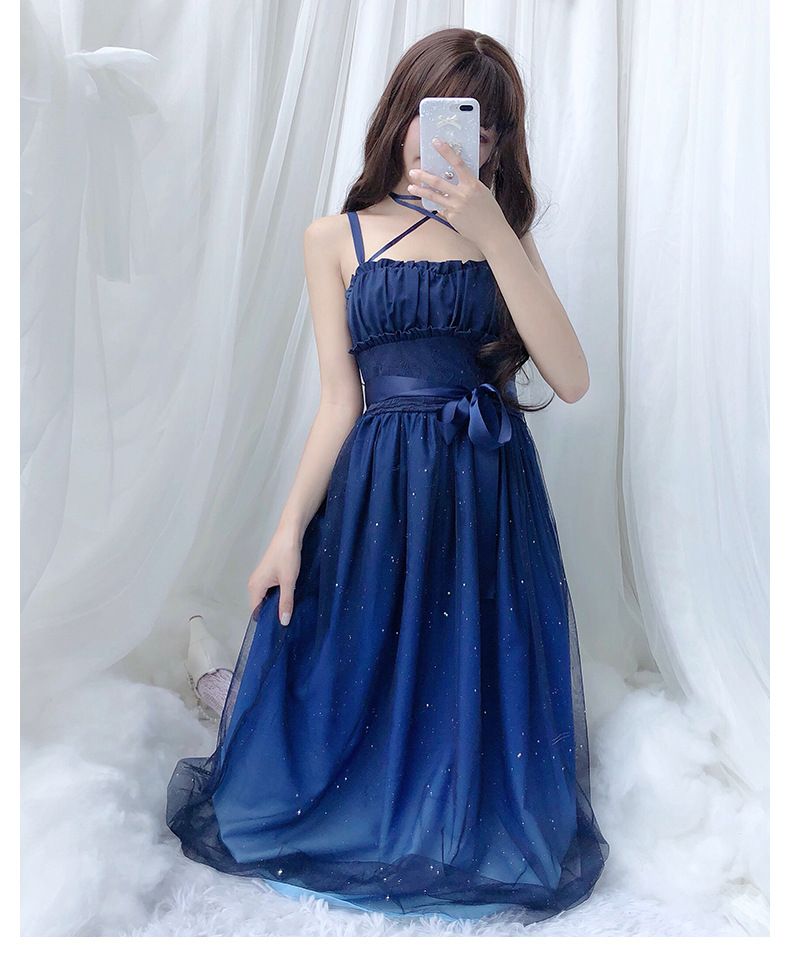 Lolita Summer Dress With Gradient Starry Sky Print - Cute JSK Sleeveless Dress With Mesh Overlay For Kawaii Fashion_voghion.com
