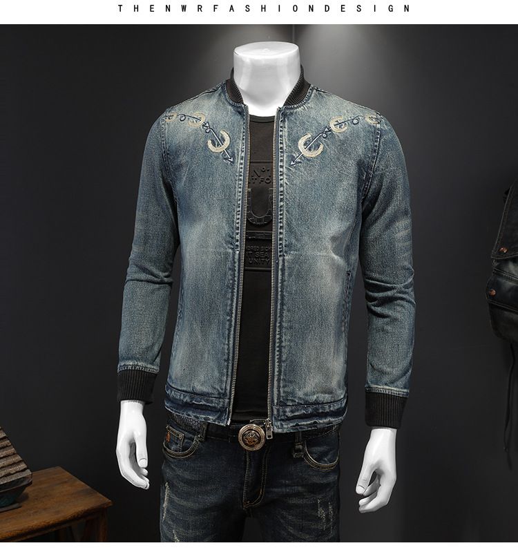 Herrenkleidung Baseball Thread Jeansjacke für Männer Slim Fit Vintage Stickerei Trend Denim Mantel für Männer_voghion.com