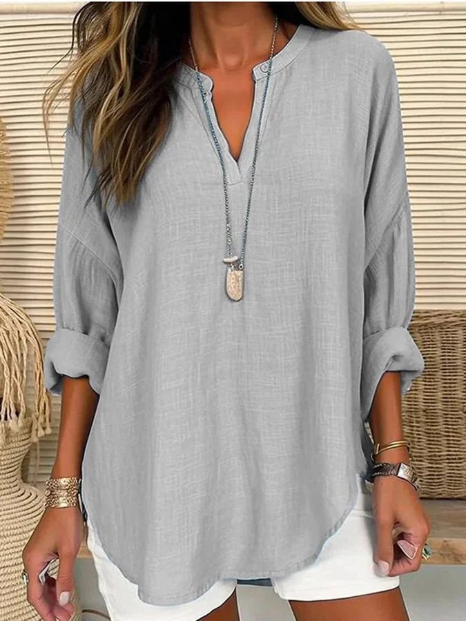 Women's Clothing Small V Neck Button Drop Shoulder Long Sleeve Women's T Shirt With Curved Hem_voghion.com