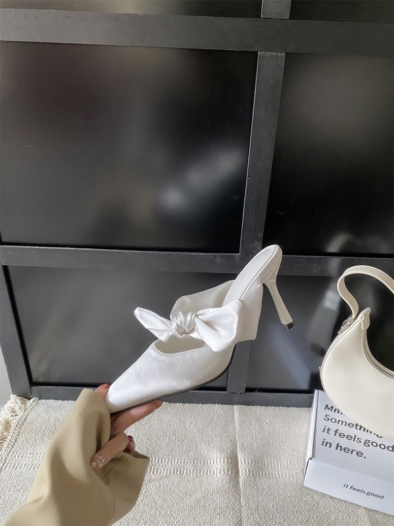satin Pointed Bow Mueller Fine High Heels Women Baotou Half Slippers 2025 Spring And Summer New Fashion Versatile Leisure Versatile_voghion.com
