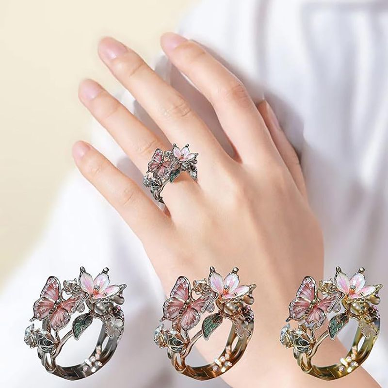 Ready Stock Damen Offen Verstellbar Rosa Vintage Mode Zarte Flash Diamant Tropfen Schmetterling Blume Ring Schmuck Geschenke Für Frau_voghion.com