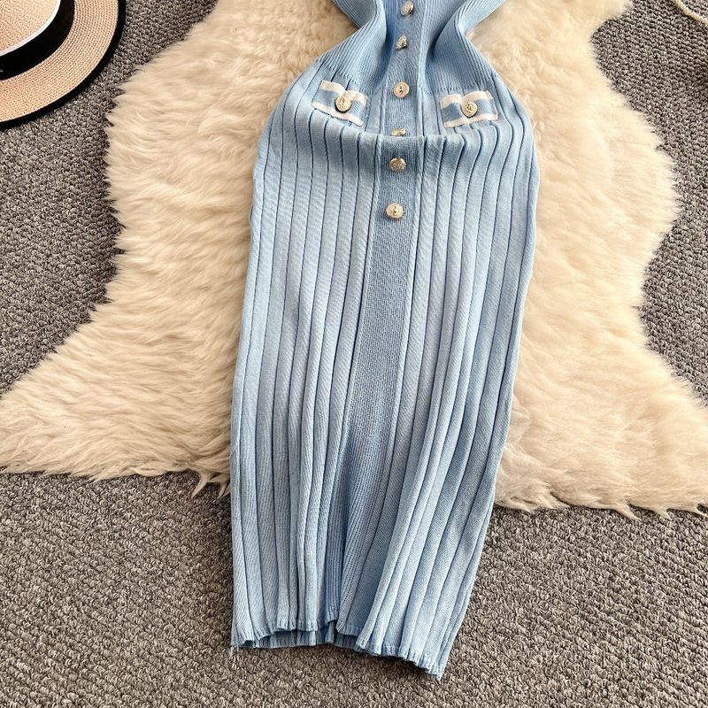 Abito estivo in maglia a maniche corte con scollo a V, sexy, monopetto, da donna, con gonna lunga che snellisce la vita e i fianchi._voghion.com