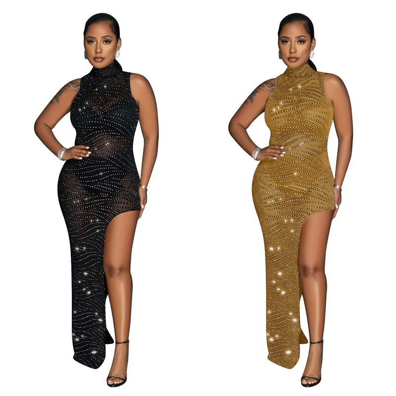 Női egyszínű, hálós, forró, gyémánt mintás, ujjatlan, hosszú szoknyás ruha_voghion.com