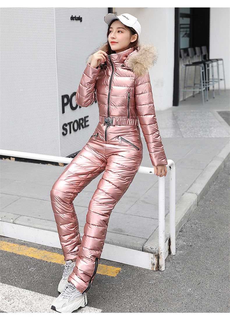 Women's Winter Jacket With Faux Fur Hood, Long Puffer Coat, Shiny Ski Coat, Slim Fit, Detachable Hood, Warm Polyester Filling_voghion.com