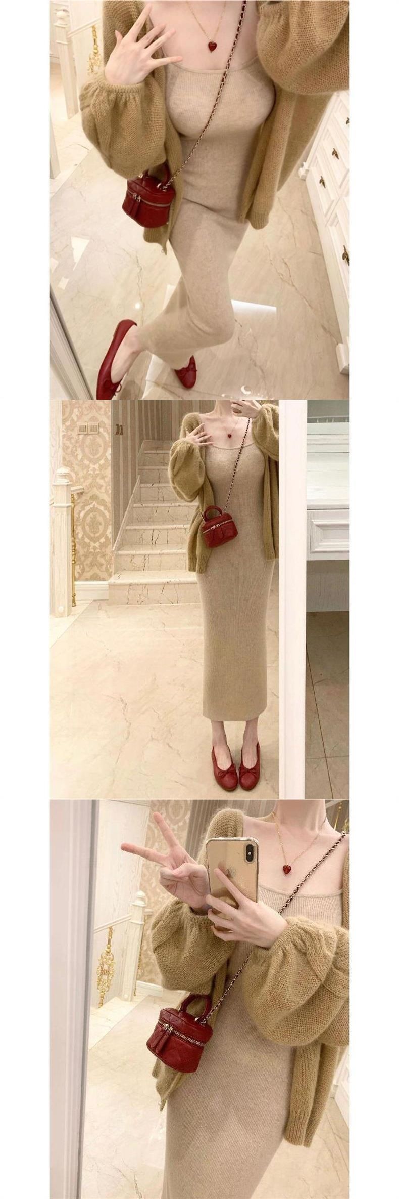 girl Autumn Winter Matching Salt Light Mature Lazy Style Sweater Cardigan French Slimming Two-Piece Set Women's Dress_voghion.com