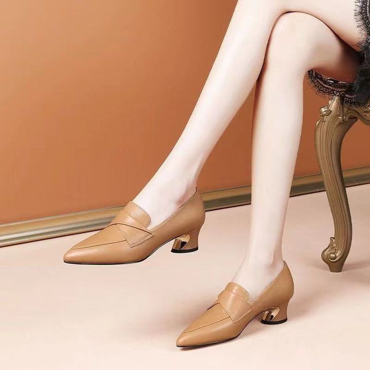 Primavera Autunno 2024 Nuovo A Punta Basso Ordine con Tacco Spesso Suola Morbida, Comodo e Versatile, Alla Moda Donna_voghion.com