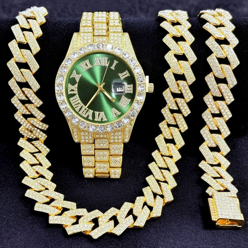 Ensemble de bijoux tendance hip-hop, montre unisexe à chaîne en or avec micro-incrustations de zircon cubain et diamants._voghion.com