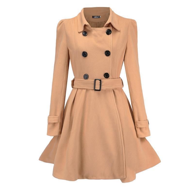 Elegant Women's Wool Blend Trench Coat With Belt & Peplum Hem - Slim Fit Long Coat For Autumn/Winter_voghion.com