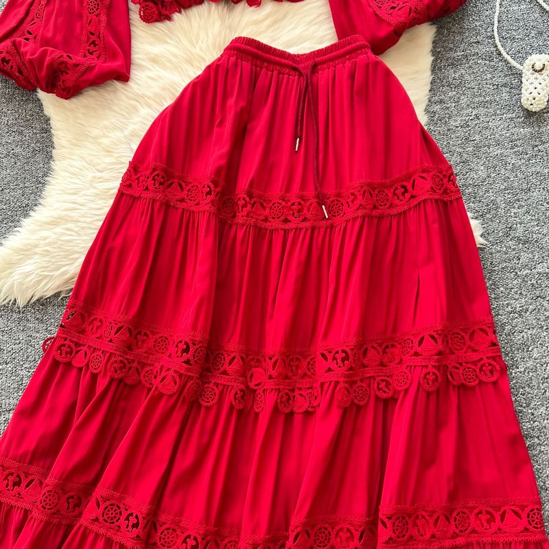 Women's Clothing Palace Style Two Piece Suit For Women Temperament Short Lapel Lantern Sleeve Top + High Waist Lace Patchwork Skirt_voghion.com