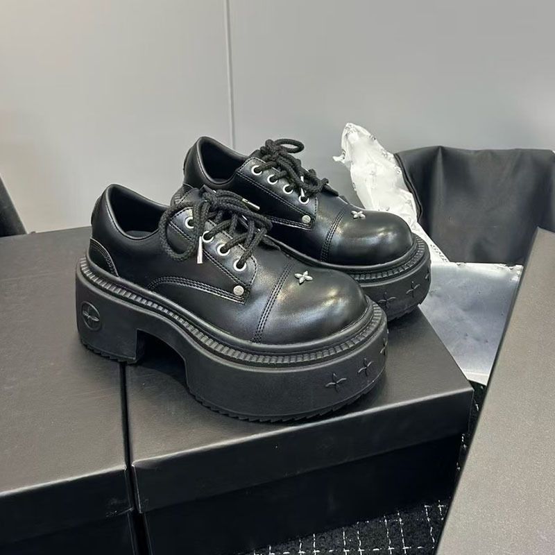 Su Yinyin 7 cm runde Zehenpartie aus Segeltuch für Damen SMFK Cross Dicke Sohle für kleine Menschen Panda Big Head Derby-Schuhe_voghion.com