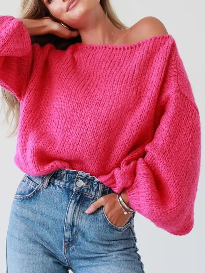 Women's autumn and winter new women's sexy one-line collar off-shoulder solid color loose knitted pullover sweater_voghion.com