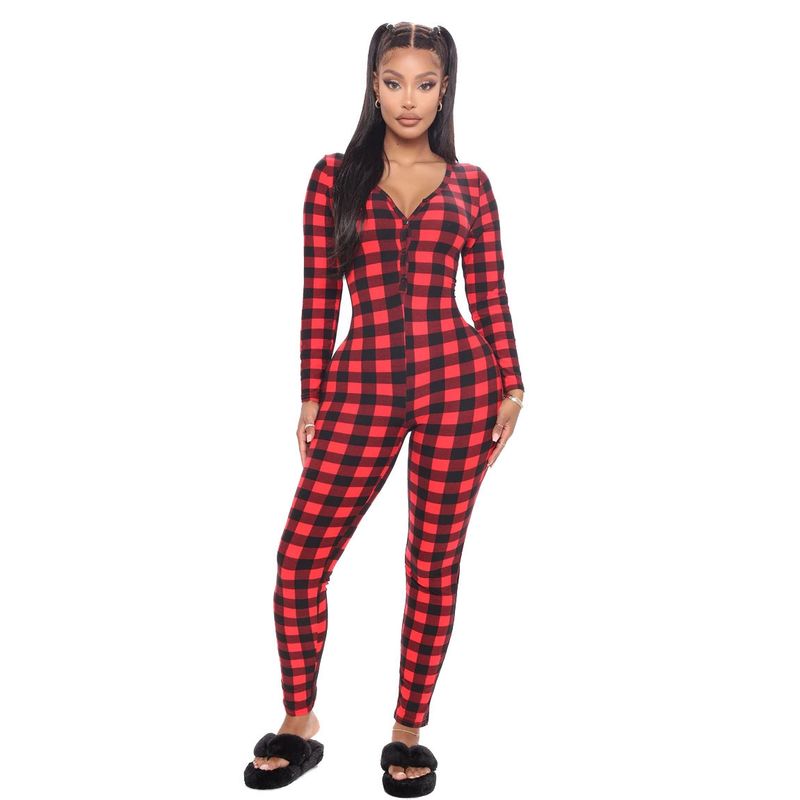 Women’s Printed V-Neck Jumpsuit Pajamas – Long Sleeve & Pant Comfortable Loungewear – Stylish Cotton-Blend Romper For All Seasons_voghion.com