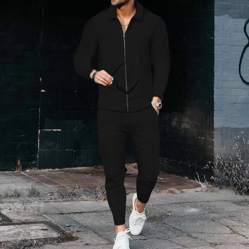 Outono e inverno novo terno casual, manga waffle calças compridas conjunto de duas peças, terno masculino_voghion.com