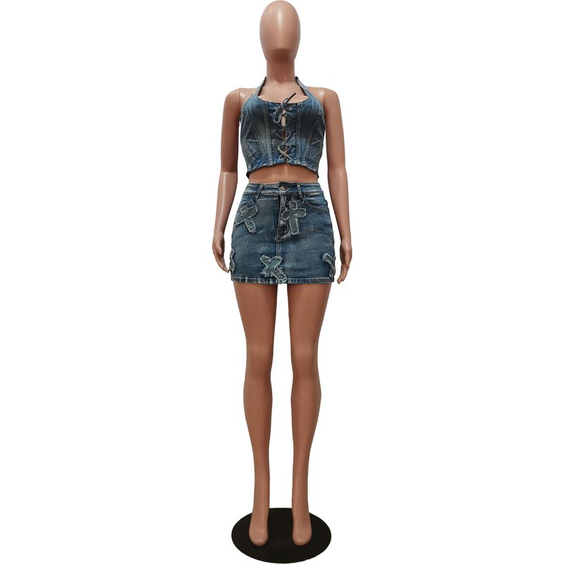 Completo estivo da donna con gonna in denim, nuovo design alla moda, con ricamo incrociato, casual, elasticizzato, in due pezzi_voghion.com