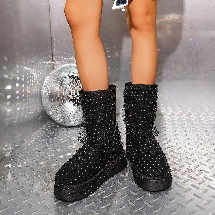 Nieuwe oversized sneeuwlaarzen met dikke zool en strass voor dames in de herfst/winter van 2025, modieuze en veelzijdige casual korte laarzen_voghion.com