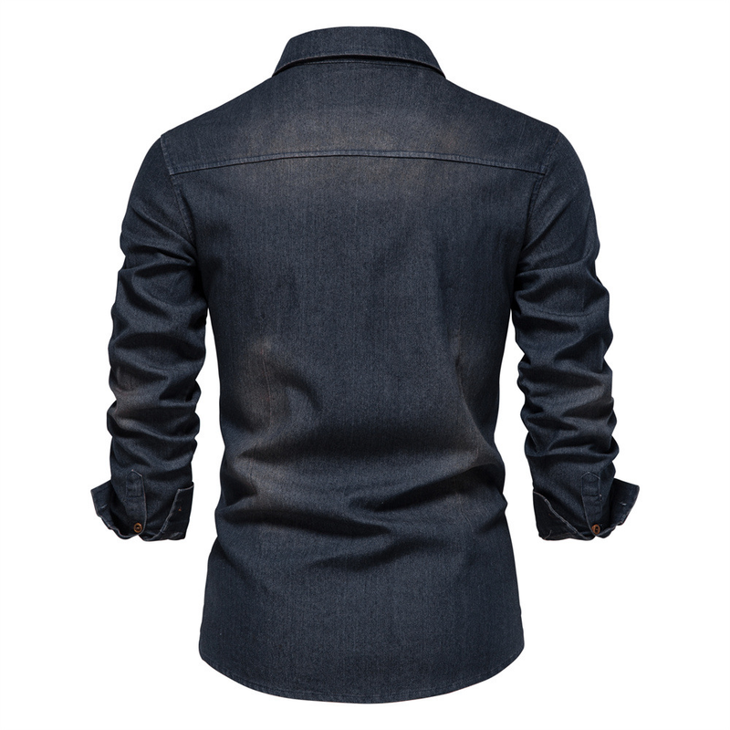Trendy, neue US-Größe, Denim, lässig, einfarbig, bügelfreies Langarmhemd für Herren_voghion.com