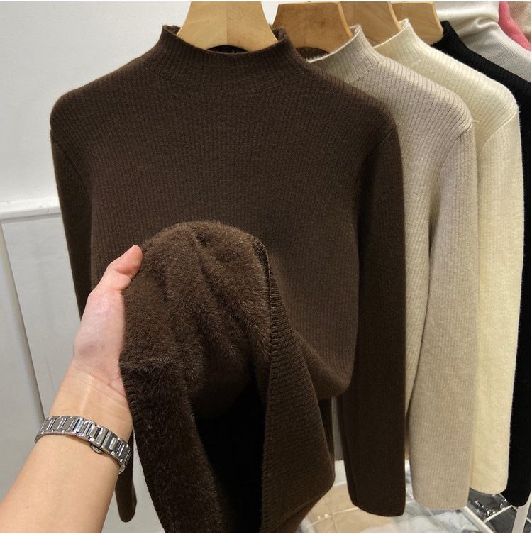 Maglia invernale da donna in maglia con fodera in pile, manica lunga, collo semi-dolce, strato di base termico, vestibilità slim, colore puro_voghion.com