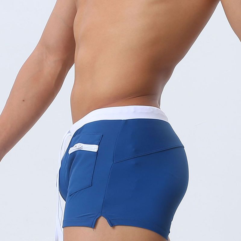 UXH Men's Front Pocket Boxer Swim Trunks Simple Fashion Drawstring Four-corner Swimming Shorts For Men_voghion.com