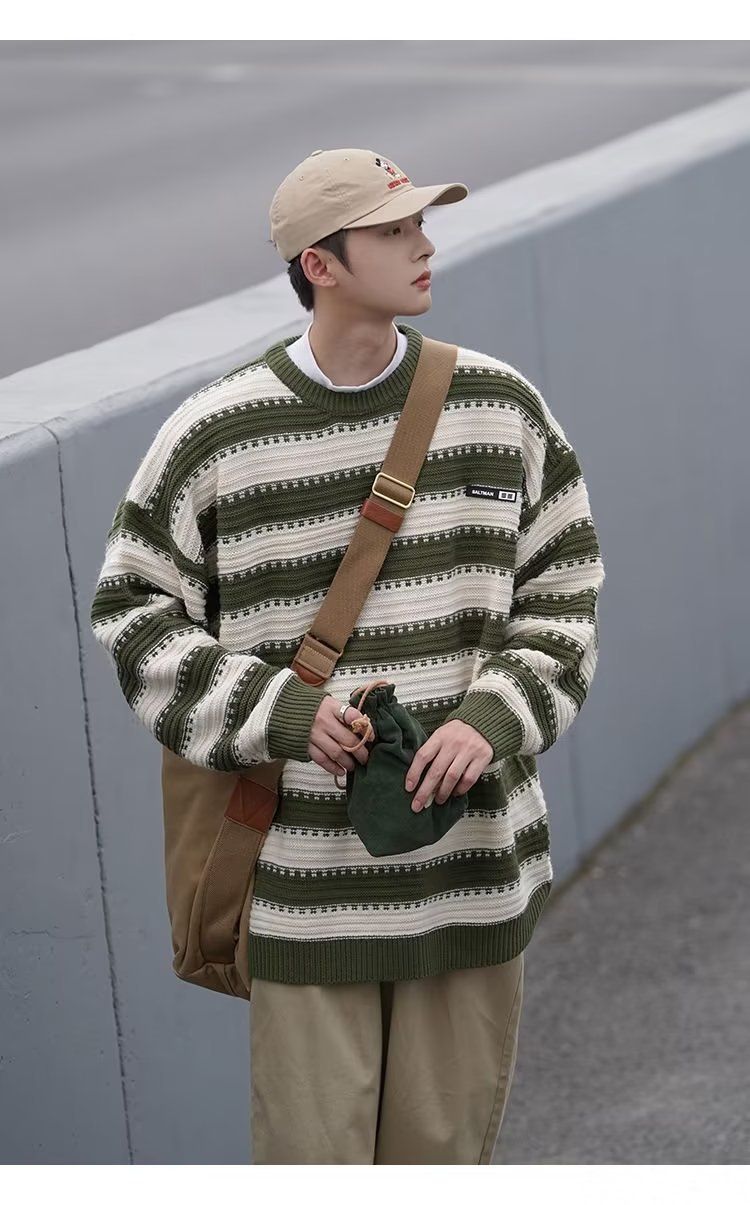 Japanese striped men's winter trend loose fitting pullover long sleeved knitted lazy style thick woolen sweater jacket_voghion.com
