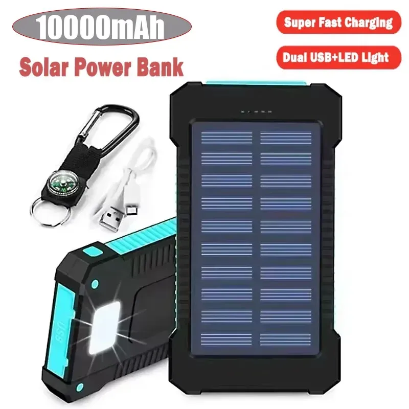 Power Bank solare da 10000 mAh, ultra-capacità, impermeabile, portatile, per esterni, con LED, batteria esterna per iPhone e Samsung._voghion.com