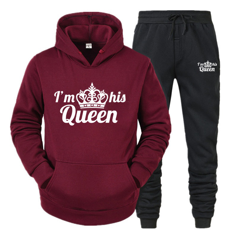 Set da donna con cappuccio KING QUEEN per coppie maschili e femminili, tuta sportiva casual, set di due pezzi_voghion.com