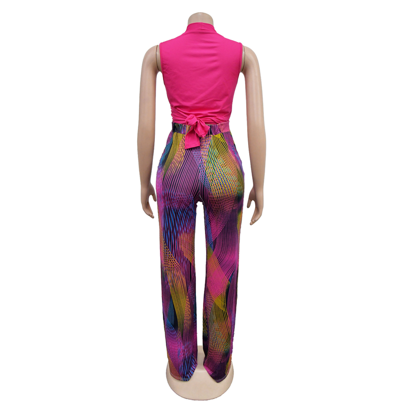 Set di due pezzi di pantaloni senza maniche con scollo a V stampati a colori da donna_voghion.com