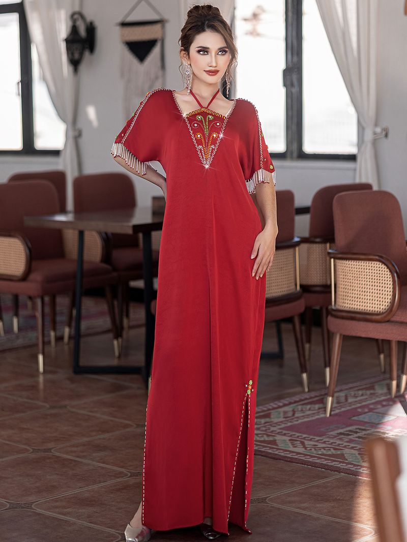 Red Embroidered Halter Neck Dress With Tassel Details & High Slit - Elegant Evening Gown_voghion.com