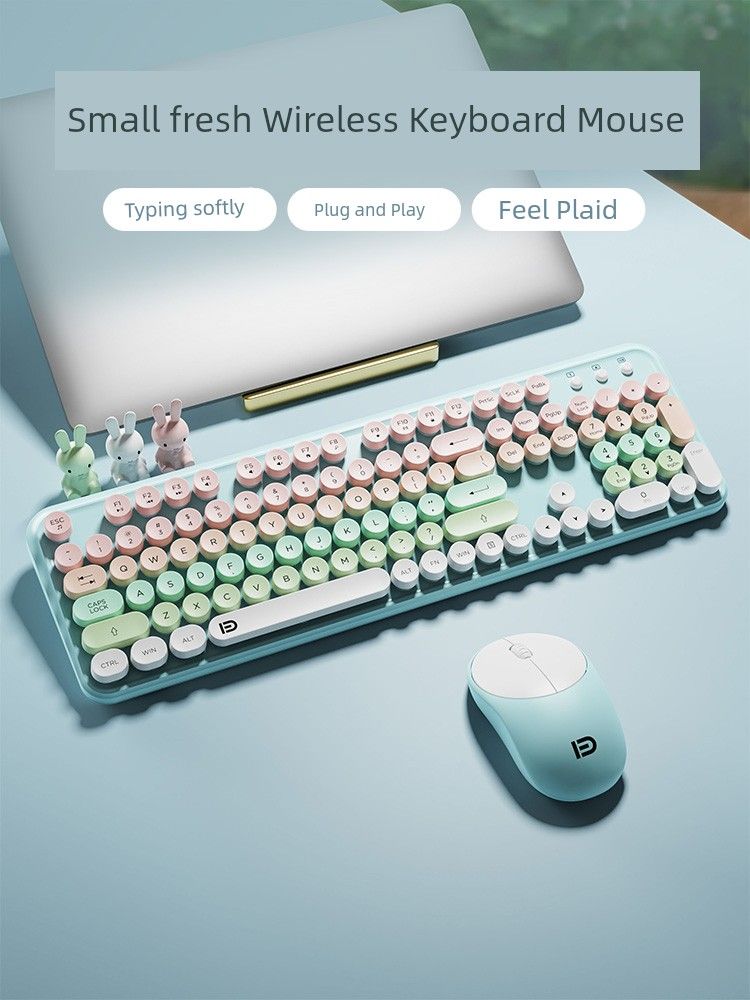 Prewalker Retro Nette Drahtlose Tastatur Und Set Notebook Büro Gut aussehende Runde Teile Mädchen Student Schlüssel Maus_voghion.com