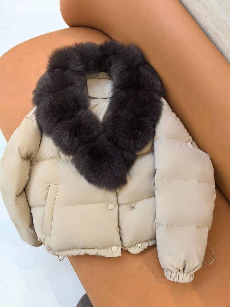Damen-Gänsedaunenjacke mit abnehmbarem Fuchspelzkragen, warmer Wintermantel, schmale Passform, wasserabweisende Außenschicht_voghion.com
