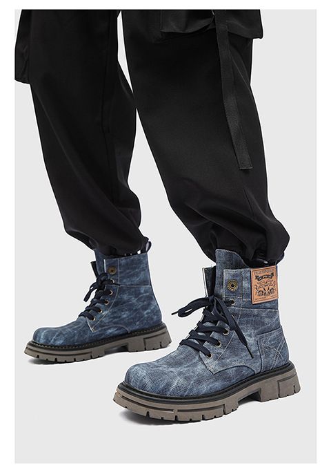 Men’s Shoes version sweet retro style thick heel round toe front lace up men's mid tube denim boots_voghion.com