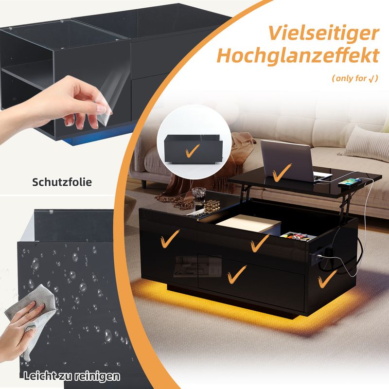 Table basse réglable en hauteur 95 x 48 x 42 cm avec rangement dissimulé, éclairage LED, tiroir et prise de courant - Table d'appoint de salon noire_voghion.com