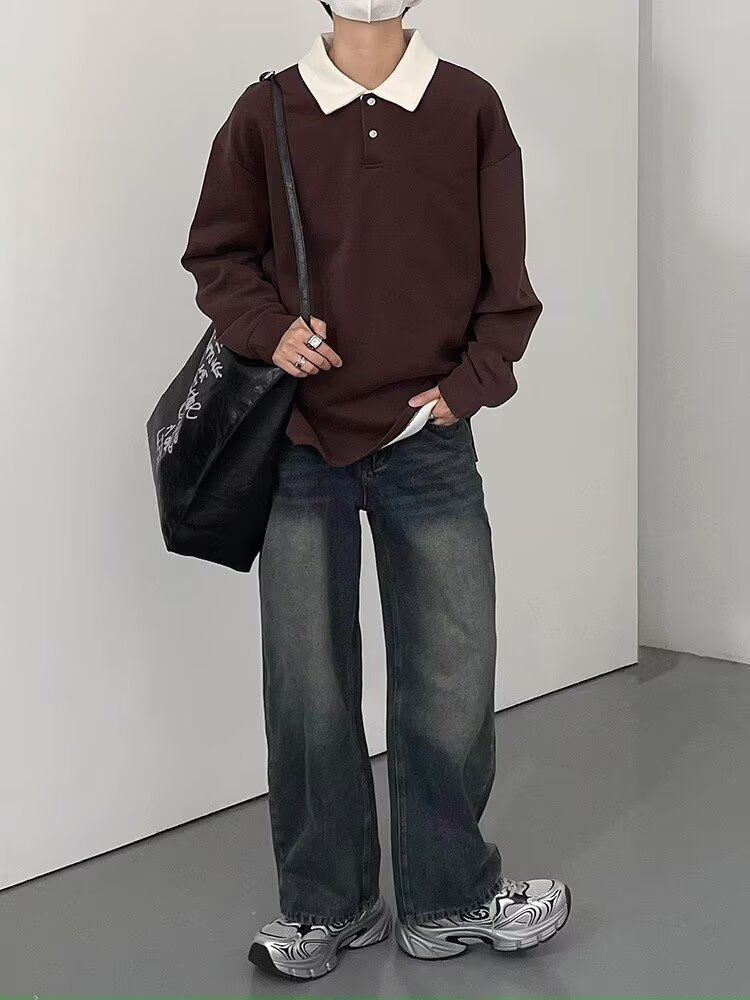 Men’s Retro Color-Block Polo Sweatshirt – Long Sleeve, Loose Fit, Embroidered Collar, Fall Casual (M-3XL, Brown Stripe)_voghion.com