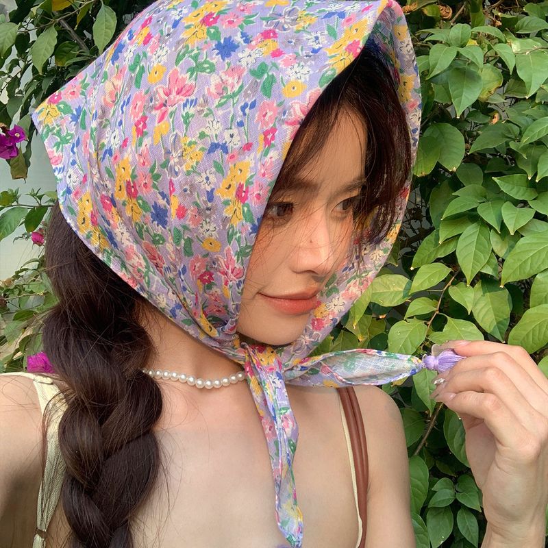 Sciarpe sottili in cotone e lino di campagna francese con piccole nappe in stile occidentale quadrate per le donne in primavera e in estate_voghion.com