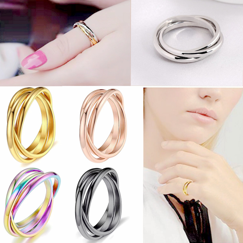Trizyklischer Fidget-Ring, vergoldet, ineinandergreifender, rollender Angstring für Frauen und Männer, Paare, Hochzeit, Schmuck, Geschenk, Größe 5 bis 13_voghion.com