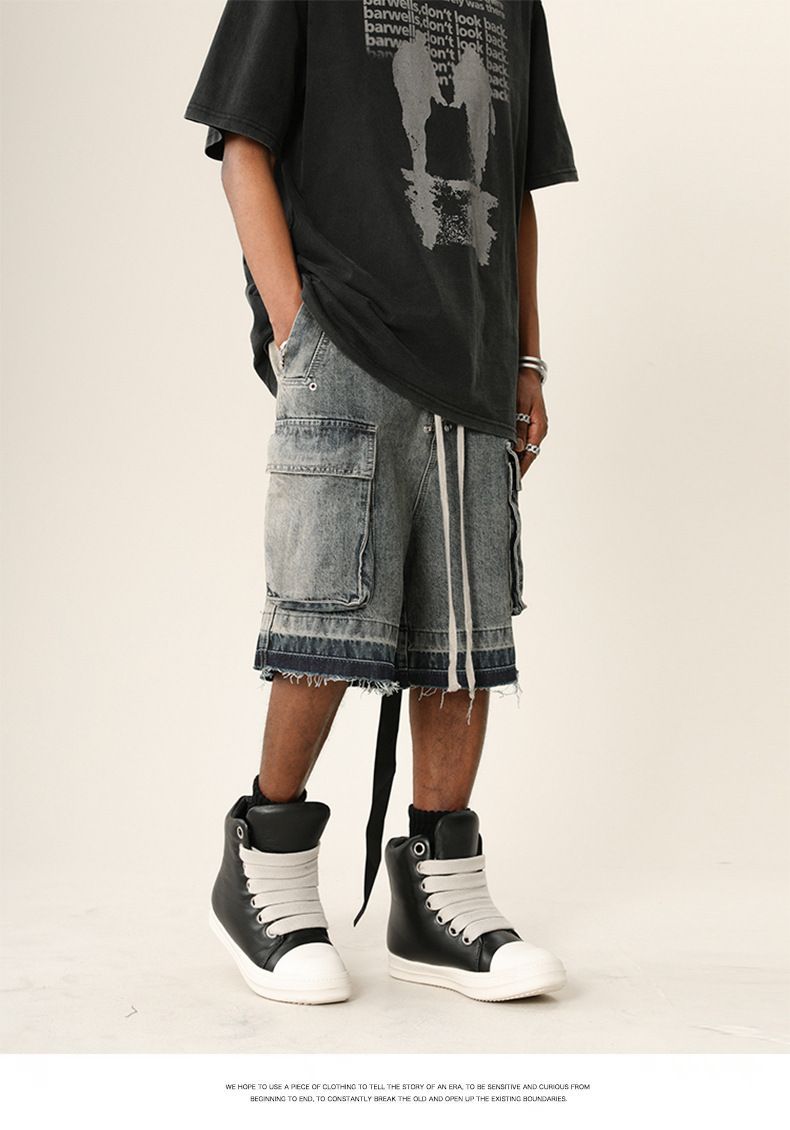 Herreklær High Street Vibe Vasket, slitt denimshorts med rå kanter Trendy merkevare Løse shorts med flere lommer_voghion.com