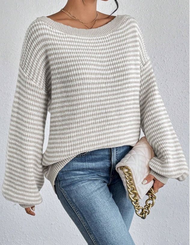 Maglione da donna in maglia con spalle scoperte, righe a blocchi di colore e maniche a lanterna – Vestibilità comoda e ampia per autunno e inverno_voghion.com