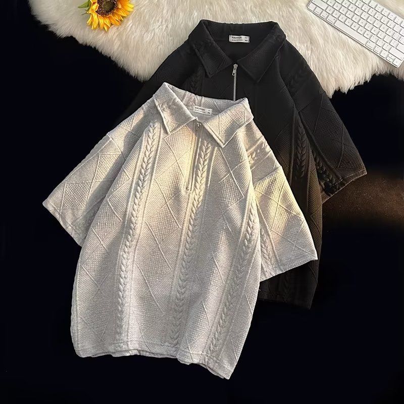 Waffel-Poloshirt, kurzärmelig, T-Shirt, Shorts, Sommer, lockere Kleidung, trendiges Top-Hosen-Set für Herren_voghion.com