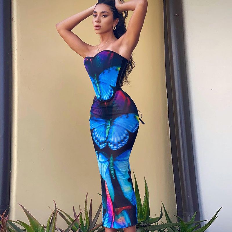 D22ST307 Women's 2022 Summer New Casual Butterfly Print Wrapped Chest Strap Waist Long Dress Set_voghion.com