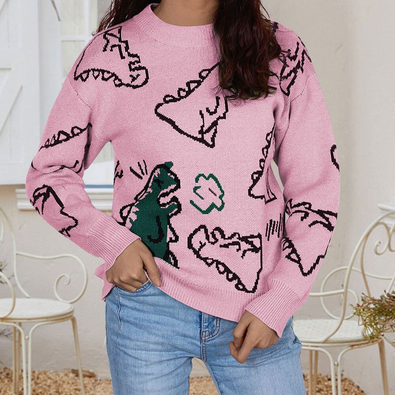 Women's Clothing long sleeved sweater autumn and winter new round neck loose cartoon dinosaur sweater_voghion.com
