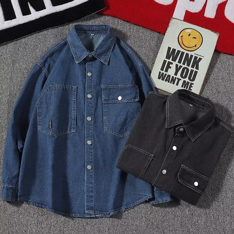 Chemise ample à manches longues pour homme, style coréen, style printemps-automne, en denim délavé_voghion.com