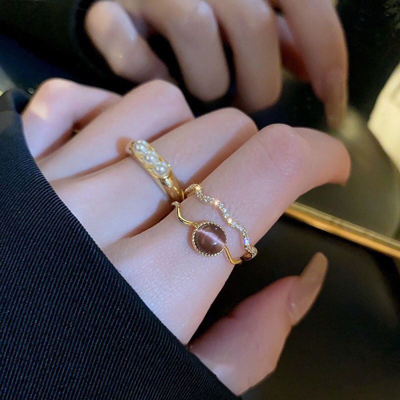 Echt vergoldet Zirkon Katzenauge Stein Doppelschicht offen Elegant Temperament Zeigefinger Ring Schmuck_voghion.com