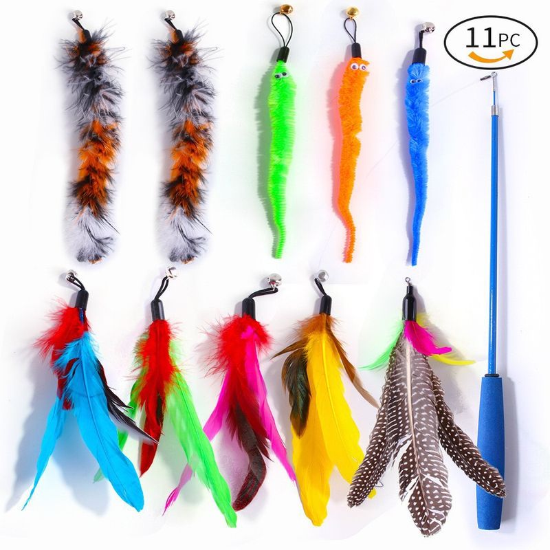 Bacchetta di peluche per gatti con testa di piuma sostituibile e asta estensibile, set di giocattoli da masticare per l'autointrattenimento dei gatti_voghion.com