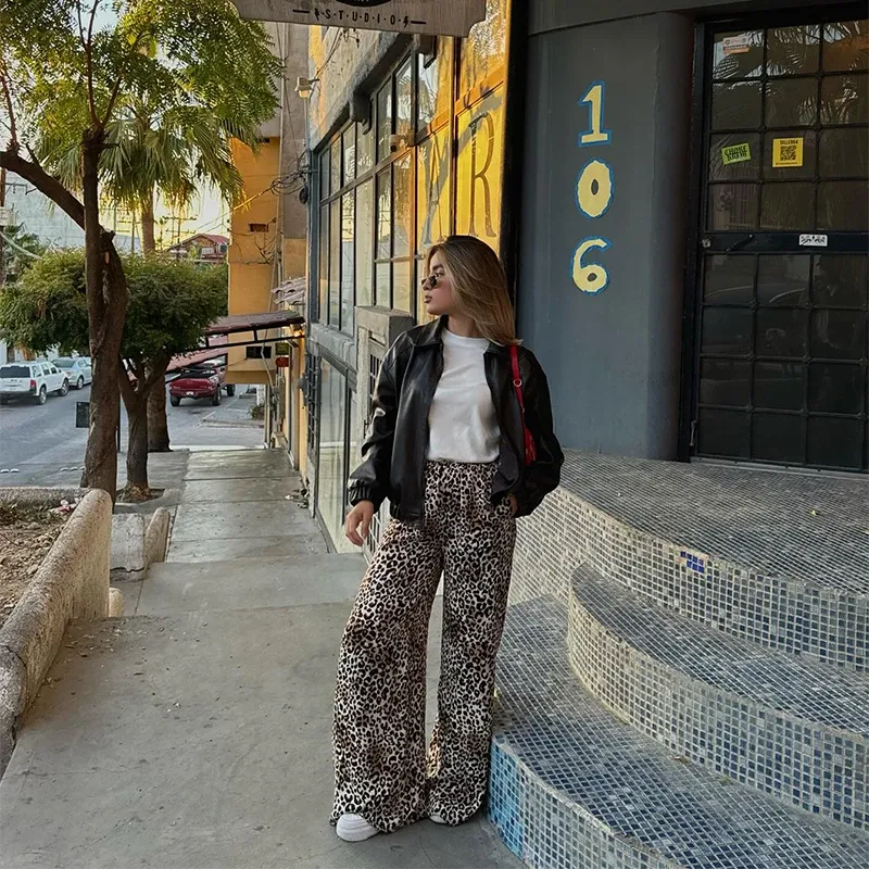 Heißer verkauf Vintage Leopard Print Hosen Frauen Casual Lose Lace Up Breite Bein Hosen Weibliche 2024 Sommer Mode Alle-spiel Dame_voghion.com