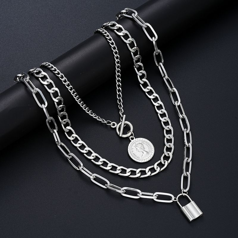 Selling Hot Hip-Hop Cuban Set Light Luxury Temperament Relief Round Pendant OT Buckle Three-Layer Necklace_voghion.com