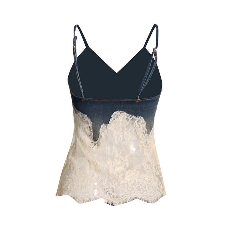 Damenbekleidung Mode sexy Hot Girl Style Sommer neue Spitze Spleißen Hosenträger Top + Kordelzug Denim Mode Shorts_voghion.com