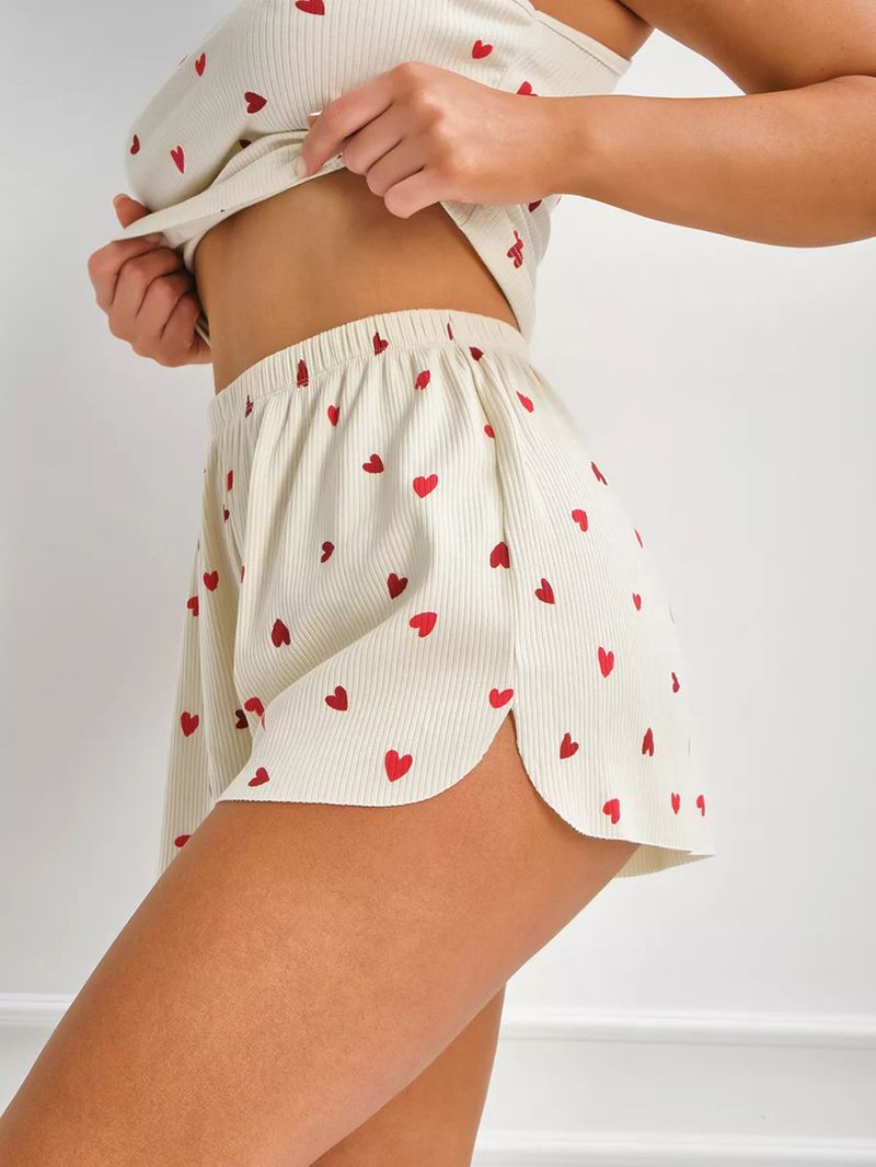 Pyjama deux pièces en tricot côtelé à imprimé cœur pour femme, ensemble deux pièces, collection printemps 2025_voghion.com