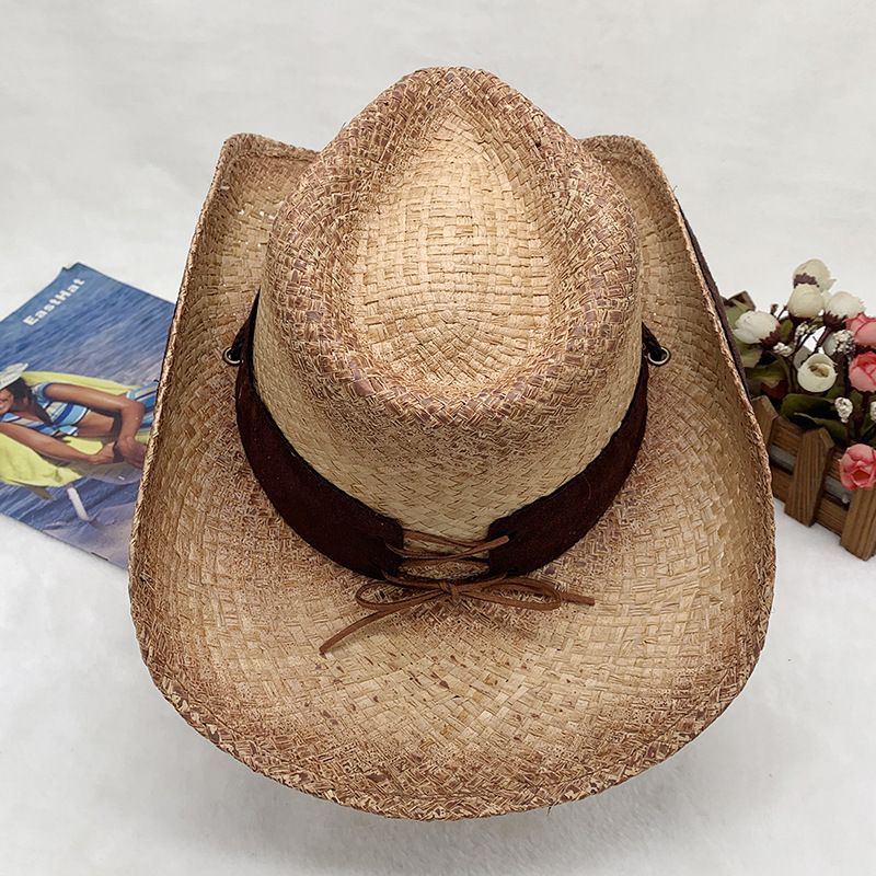 Handgewebter Cowboyhut aus Raffiagras mit Sonnenschutz und gerolltem Rand, bestickter Strohhut_voghion.com
