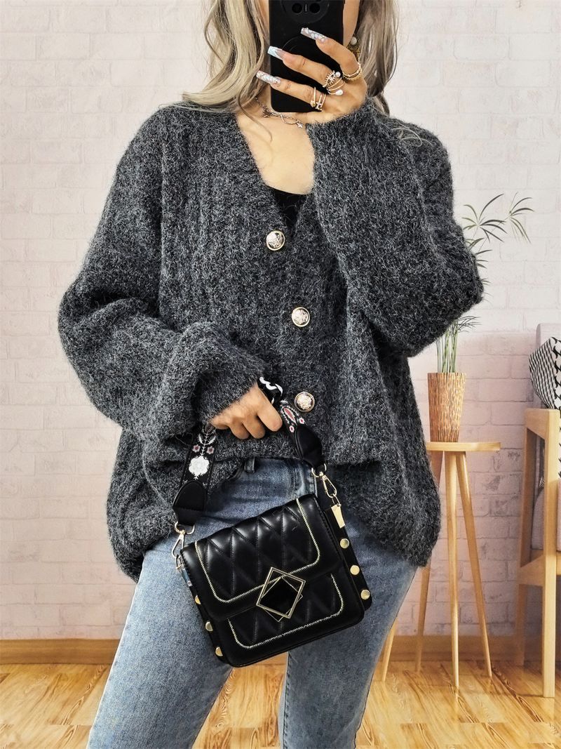 Cardigan vintage in maglia con bottoni dorati – Maglione spesso a maniche lunghe con apertura frontale per donna (grigio scuro, beige, marrone)_voghion.com